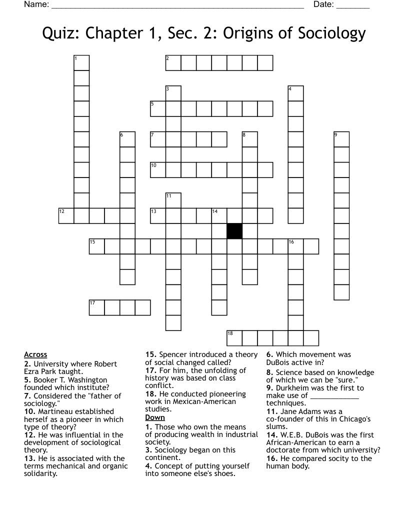 Quiz: Chapter 1, Sec. 2: Origins of Sociology Crossword