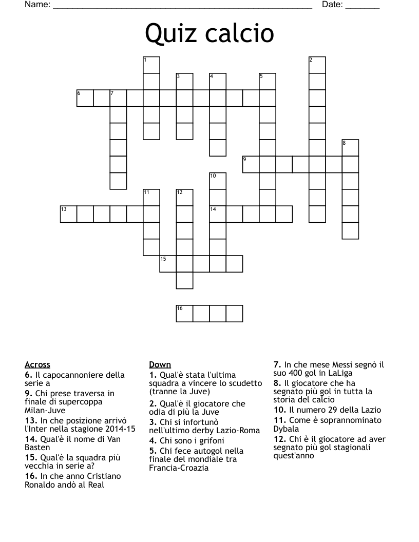 Quiz calcio Crossword