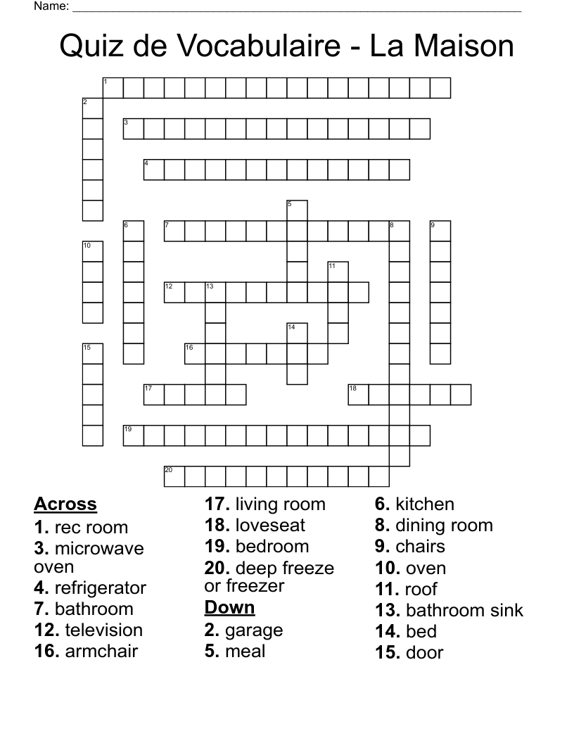 Quiz de Vocabulaire - La Maison Crossword