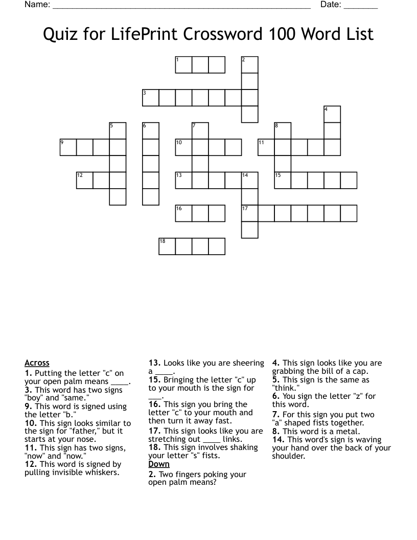 Quiz for LifePrint Crossword 100 Word List