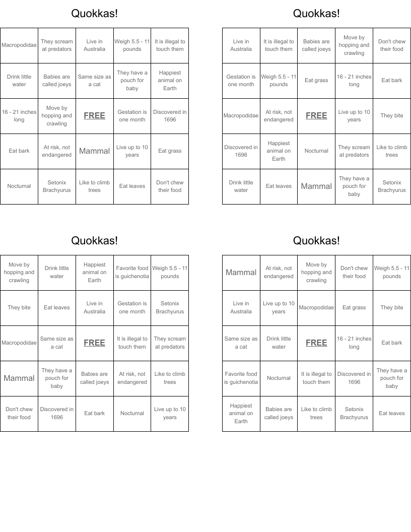 Quokkas! Bingo Cards