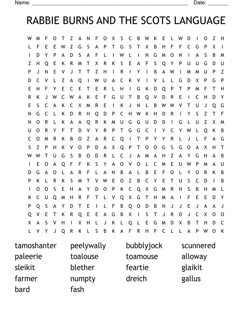 RABBIE BURNS AND THE SCOTS LANGUAGE Word Search