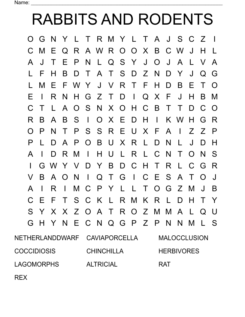 RABBITS AND RODENTS Word Search
