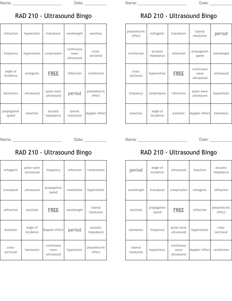 RAD 210 - Ultrasound Bingo