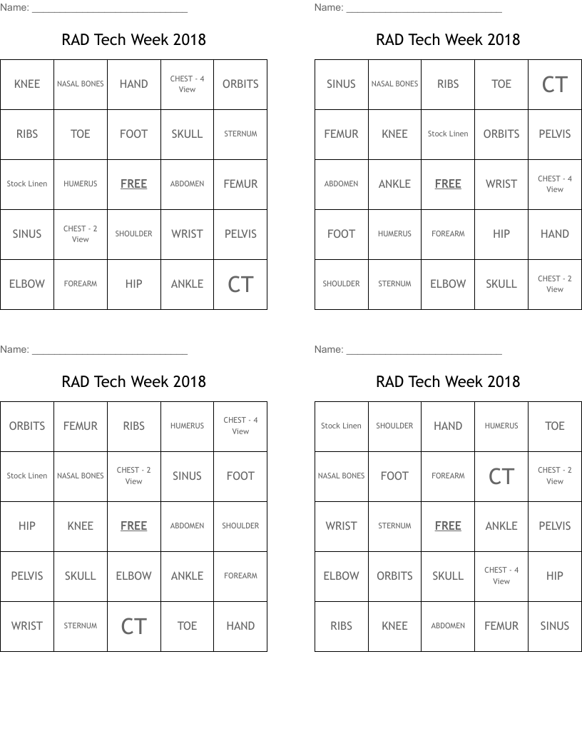 RAD Tech Week  2018 Bingo Cards