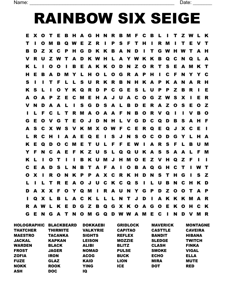 RAINBOW SIX SEIGE Word Search