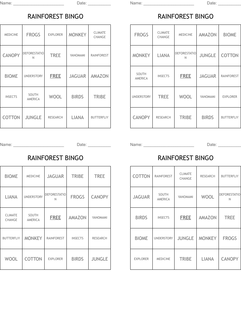 RAINFOREST BINGO