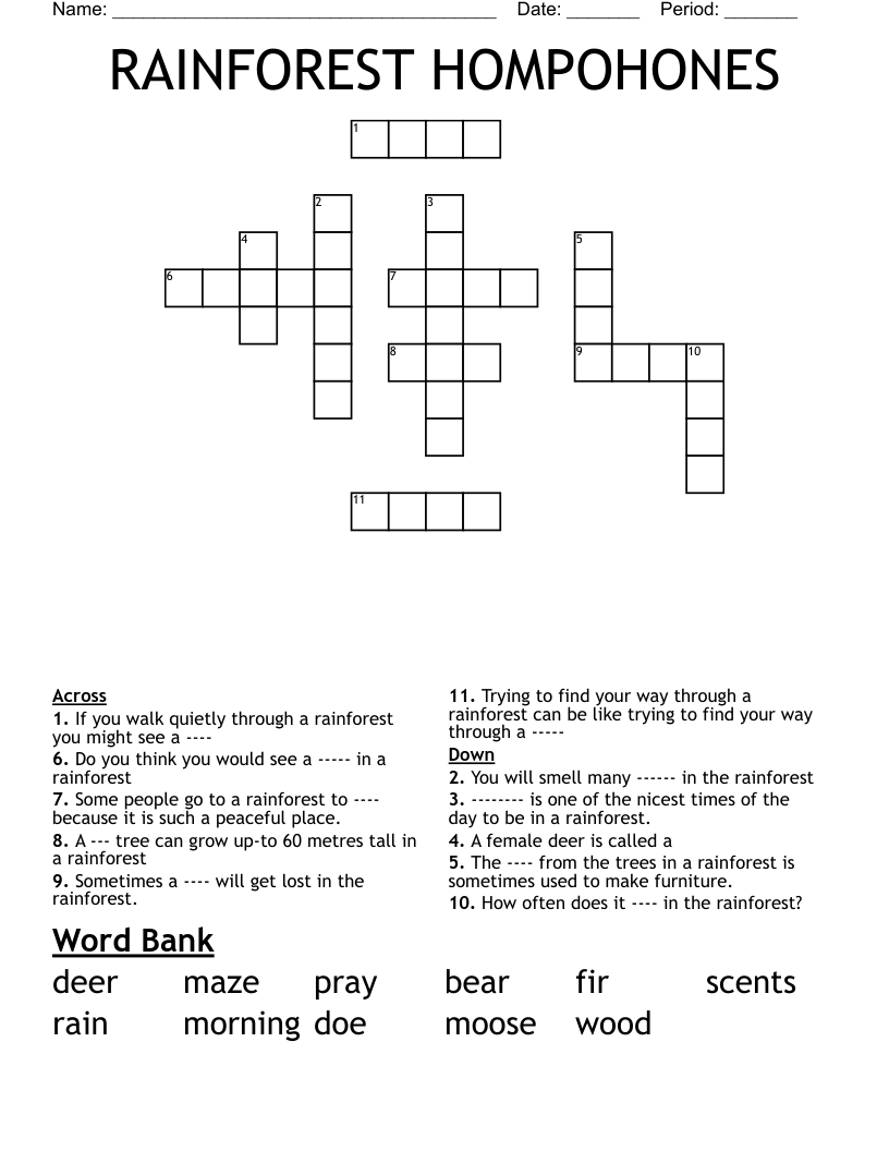 RAINFOREST HOMPOHONES Crossword