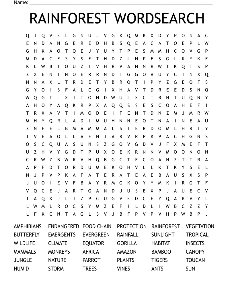 RAINFOREST WORDSEARCH