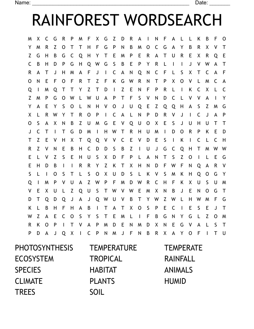 RAINFOREST WORDSEARCH