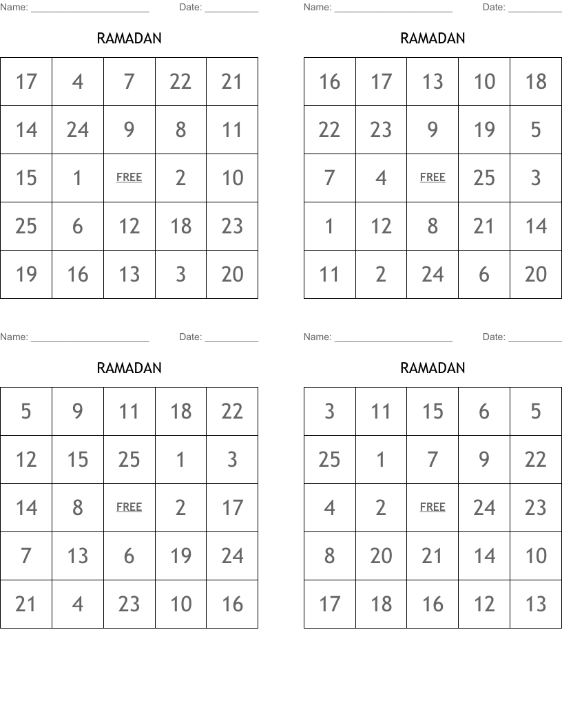RAMADAN Bingo Cards