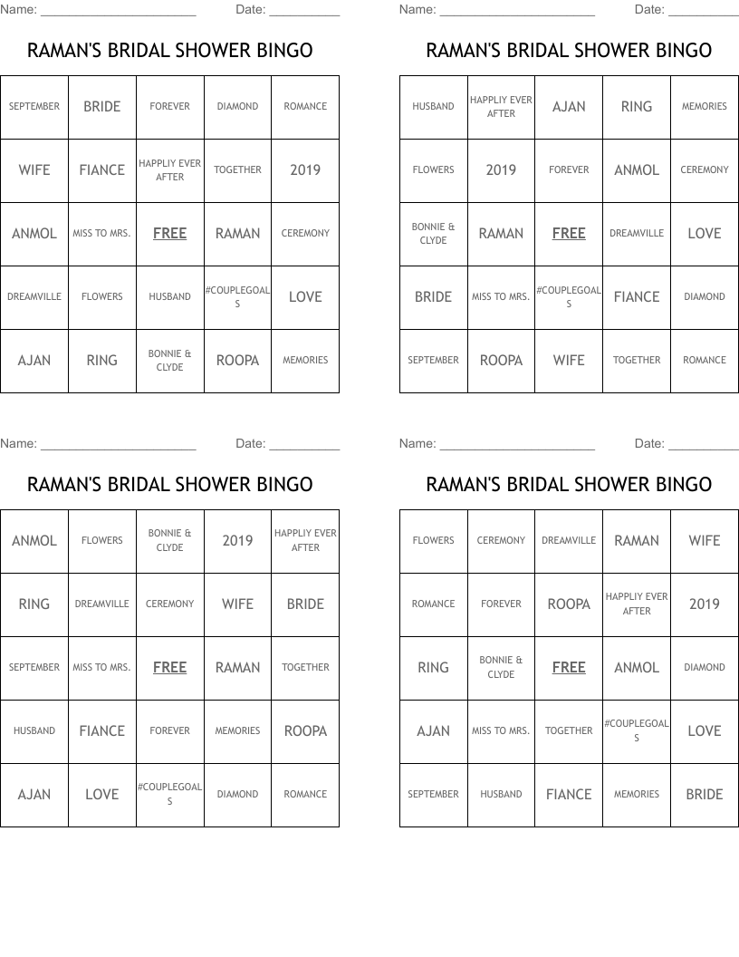 RAMAN'S BRIDAL SHOWER BINGO