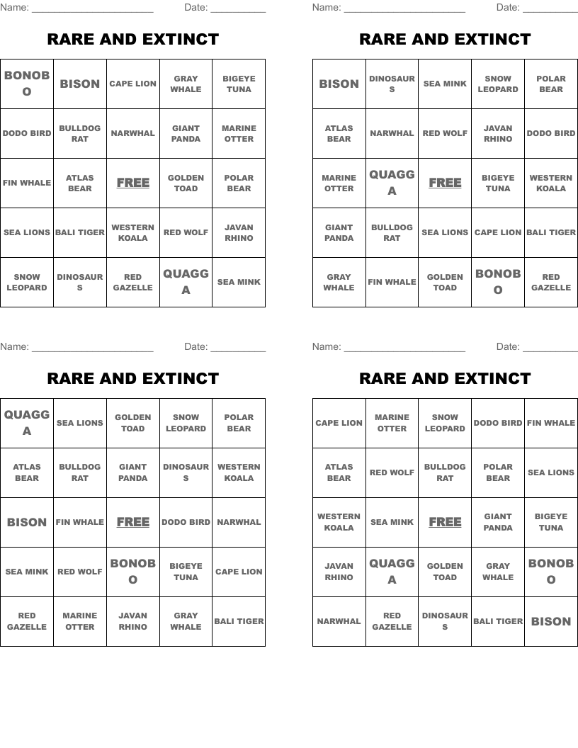 RARE AND EXTINCT Bingo Cards