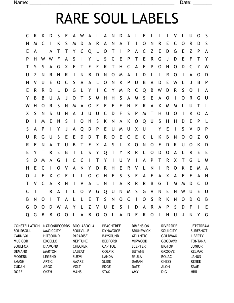 RARE SOUL LABELS Word Search
