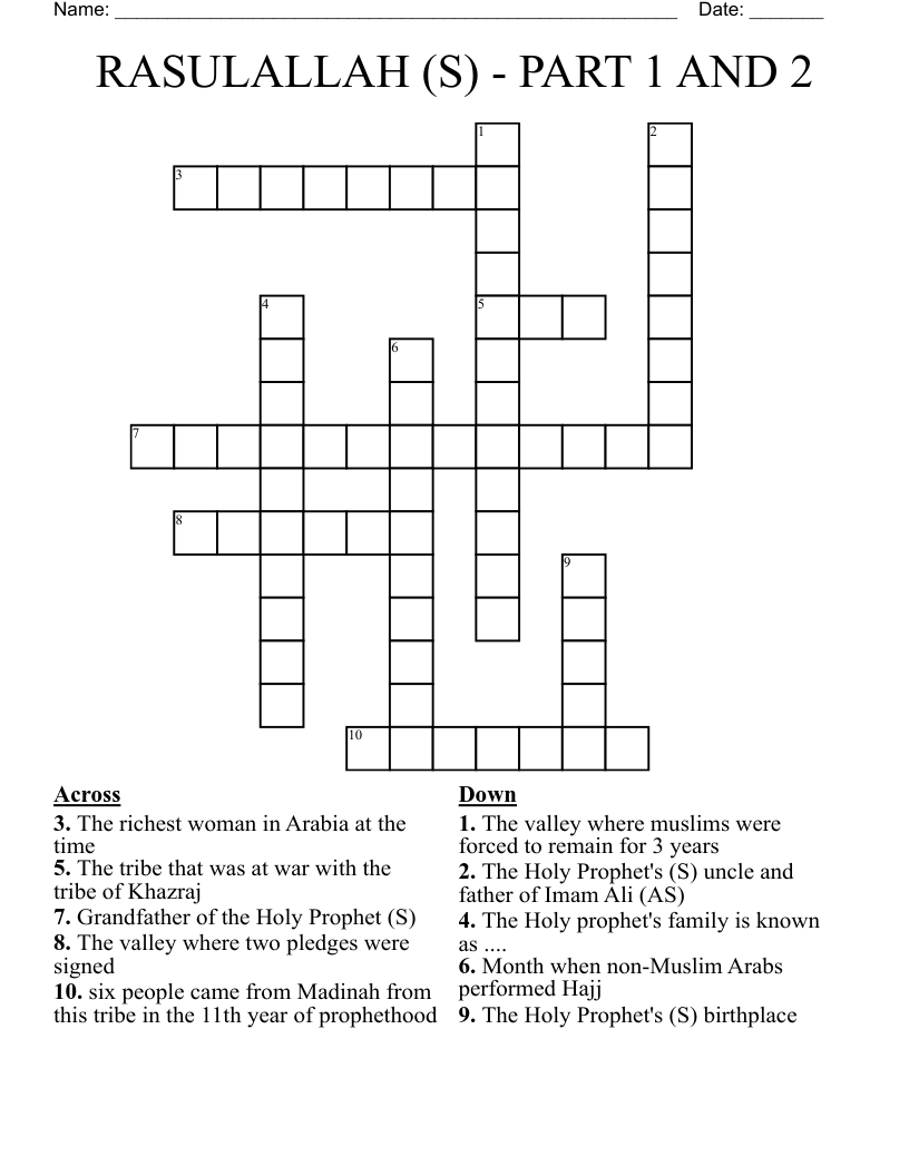 RASULALLAH (S) - PART 1 AND 2 Crossword