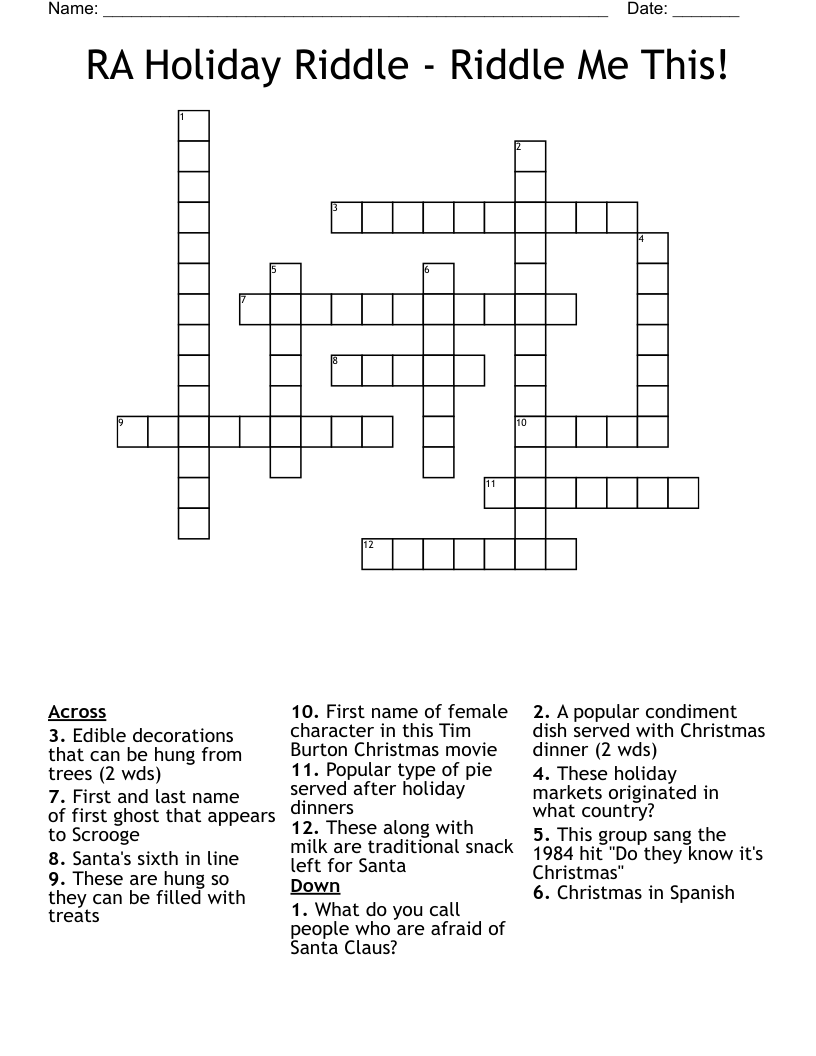 RA Holiday Riddle - Riddle Me This! Crossword