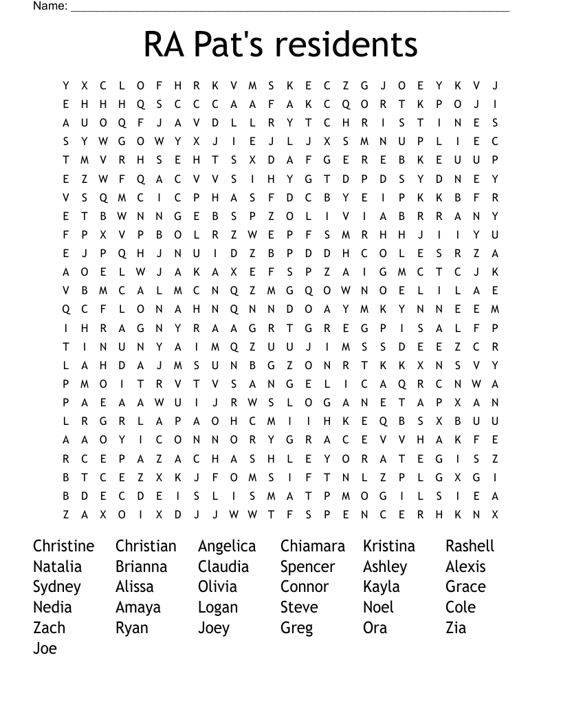 RA Pat's residents Word Search