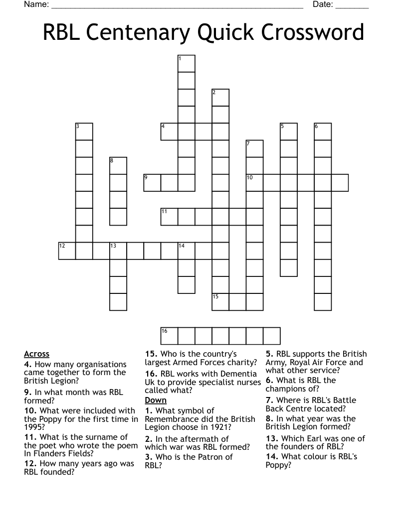 RBL Centenary Quick Crossword