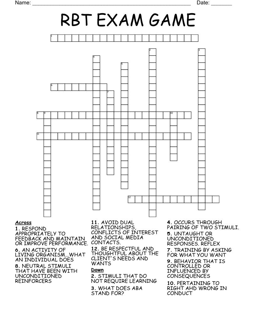 RBT EXAM GAME  Crossword
