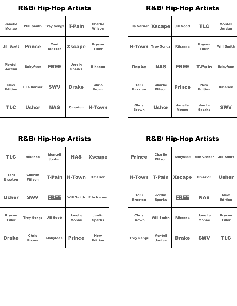 R&B/ Hip-Hop Artists Bingo Cards