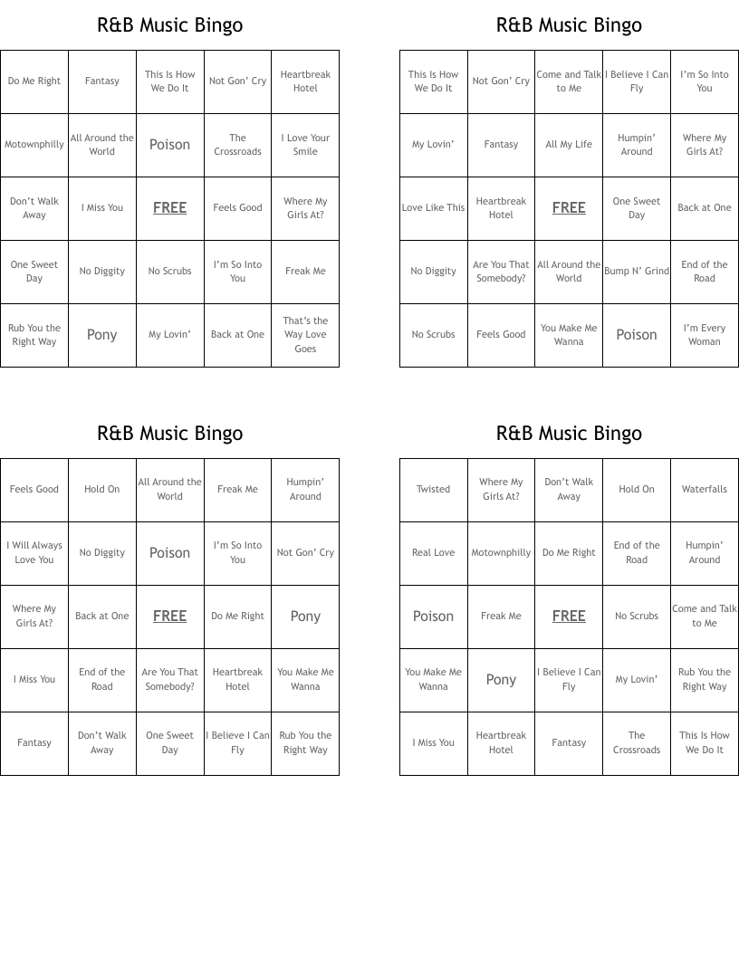 R&B Music Bingo