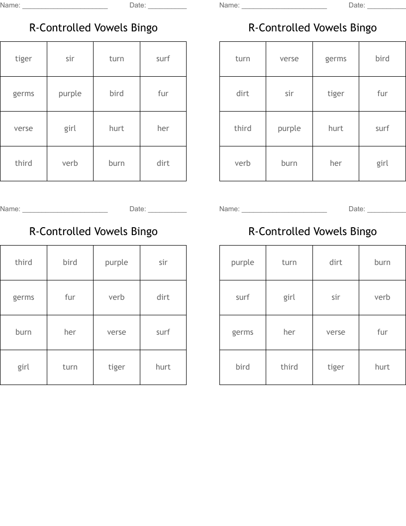 R-Controlled Vowels Bingo