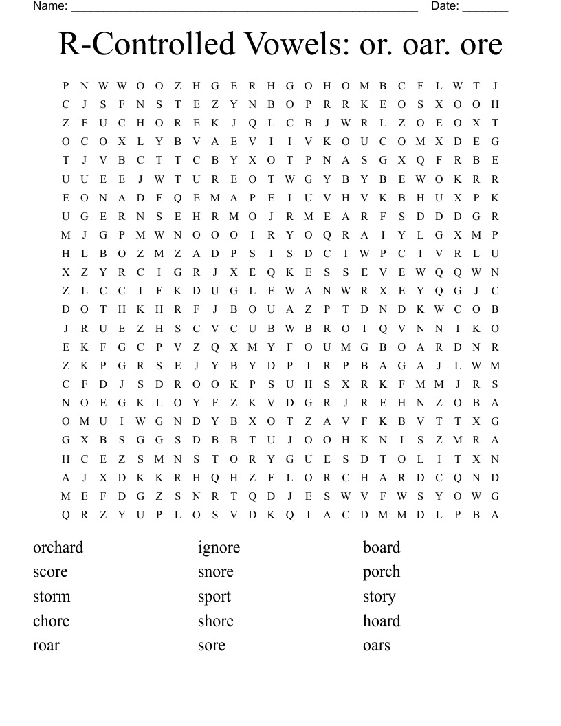 R-Controlled Vowels: or. oar. ore Word Search