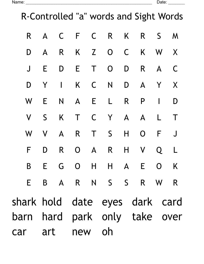 R-Controlled "a" words and Sight Words Word Search