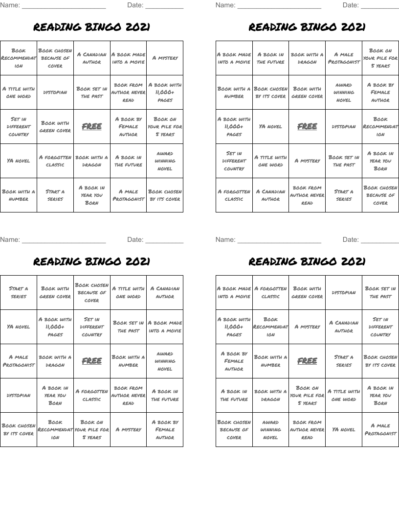 READING BINGO 2021
