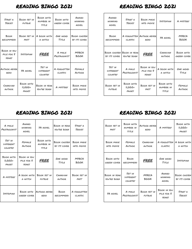 READING BINGO 2021