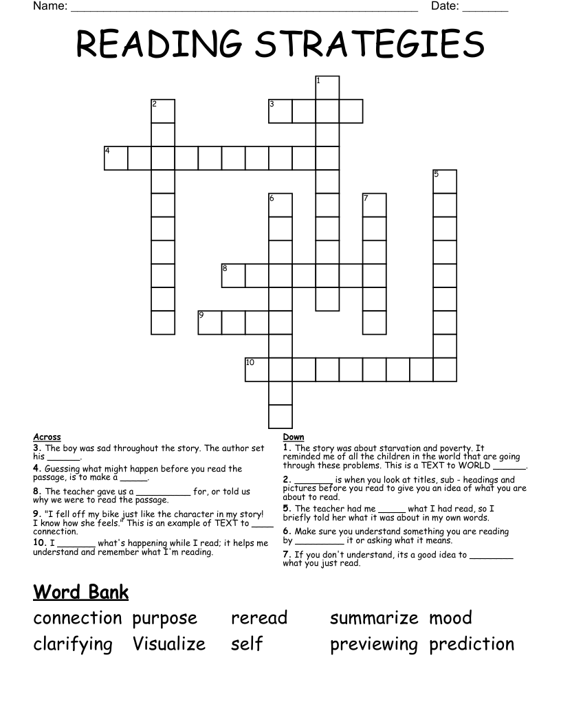 READING STRATEGIES Crossword