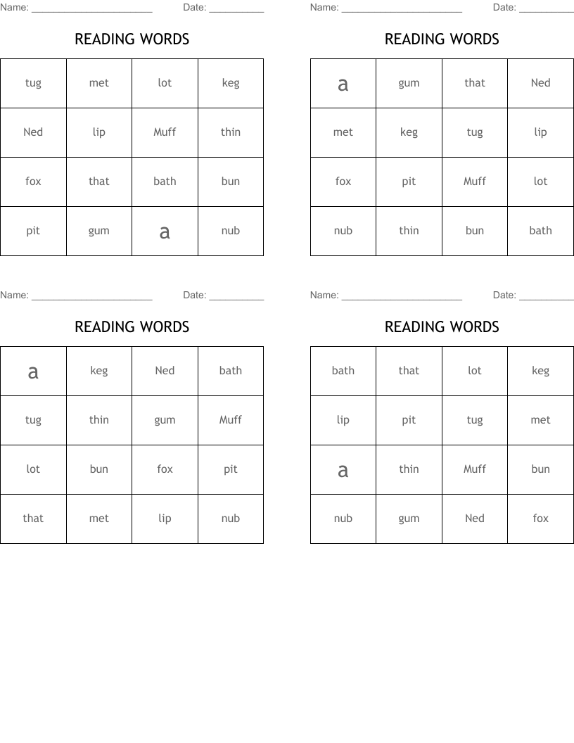 READING WORDS Bingo Cards
