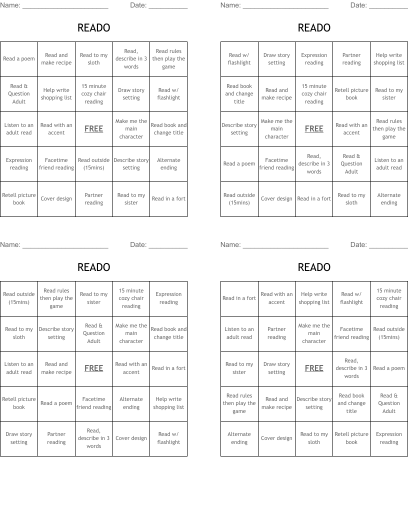 READO Bingo Cards