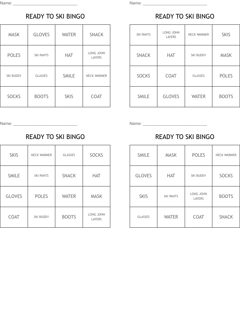 READY TO SKI BINGO