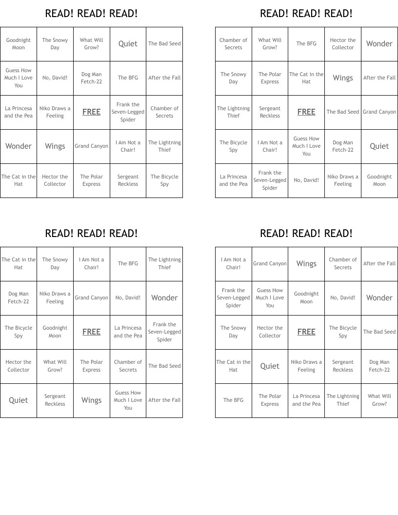 READ! READ! READ! Bingo Cards