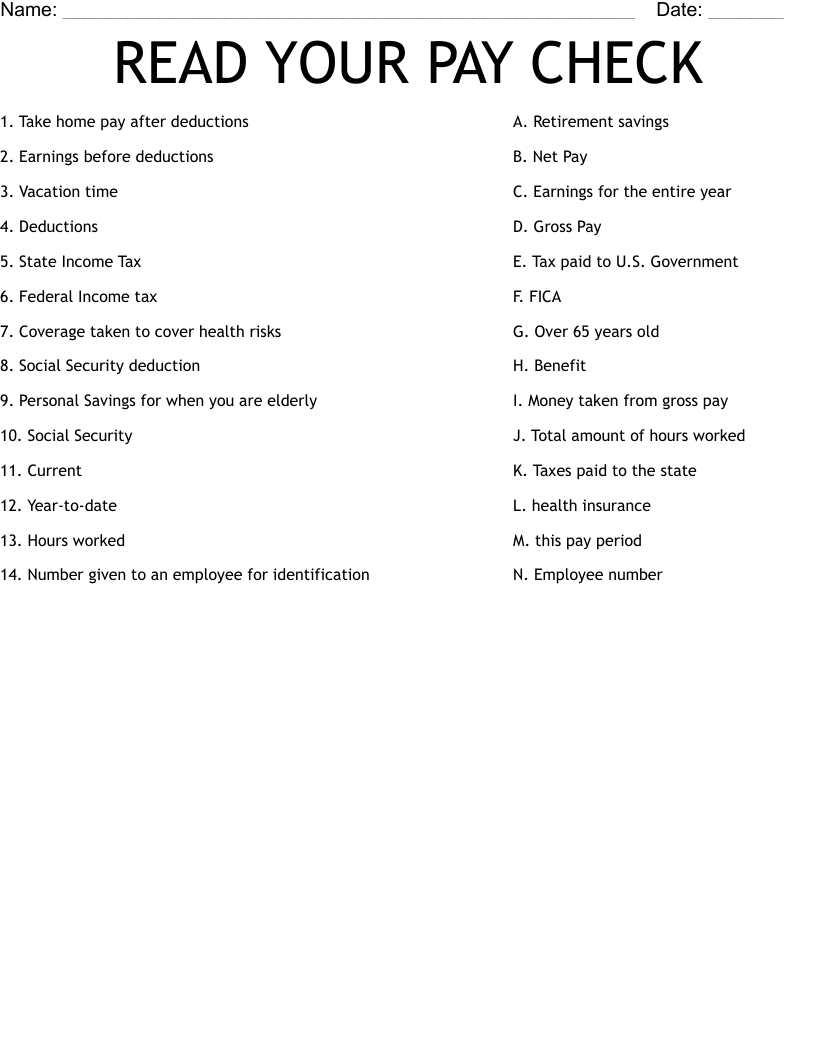 READ YOUR PAY CHECK Worksheet