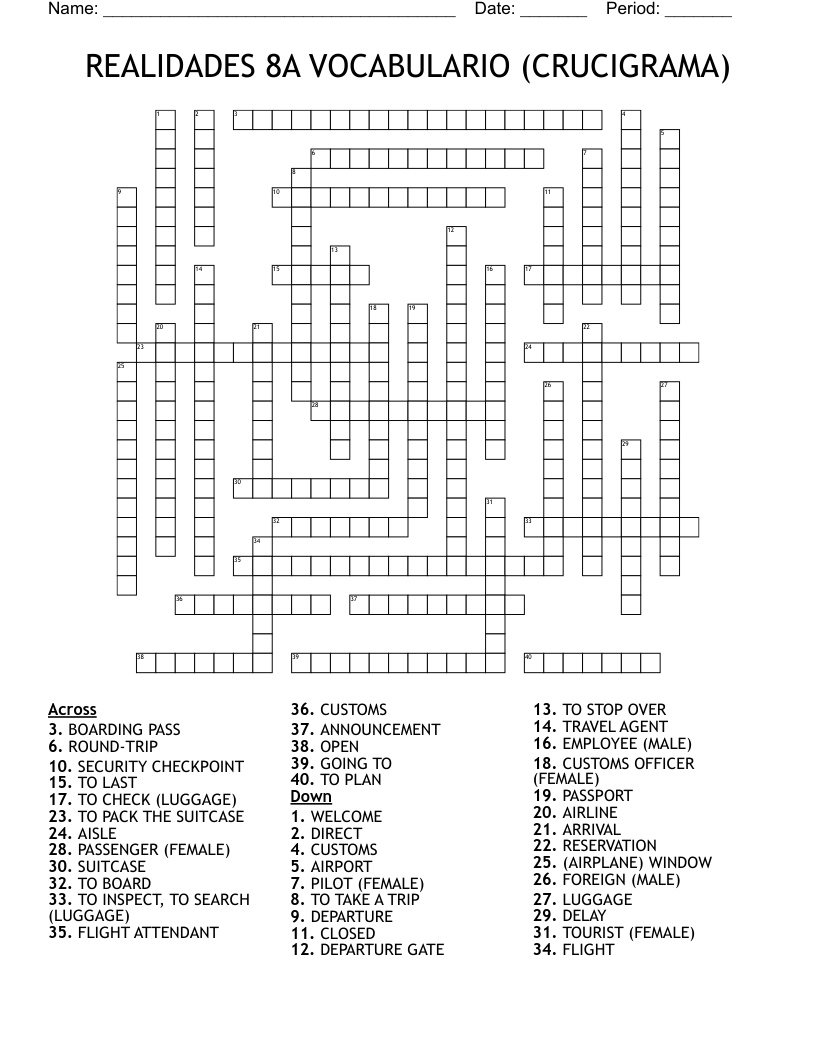 REALIDADES 8A VOCABULARIO (CRUCIGRAMA) Crossword