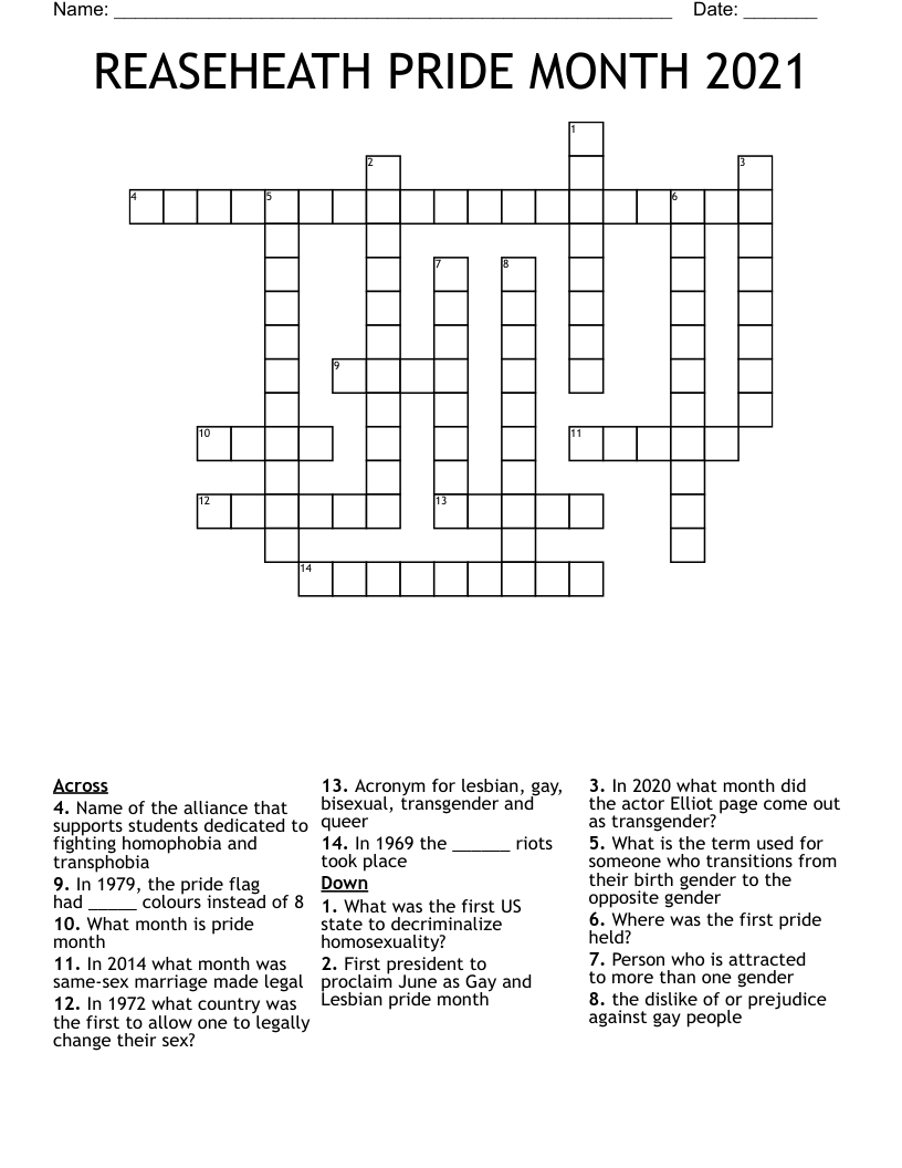 REASEHEATH PRIDE MONTH 2021 Crossword