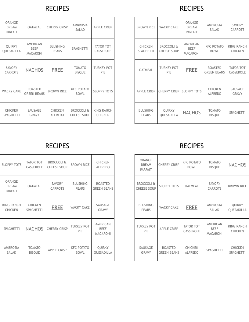 RECIPES Bingo Cards