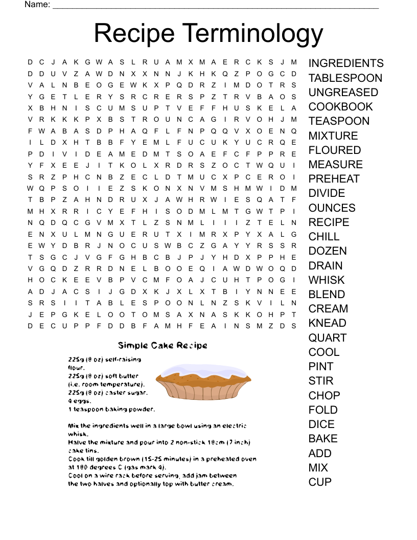 Recipe Terminology Word Search