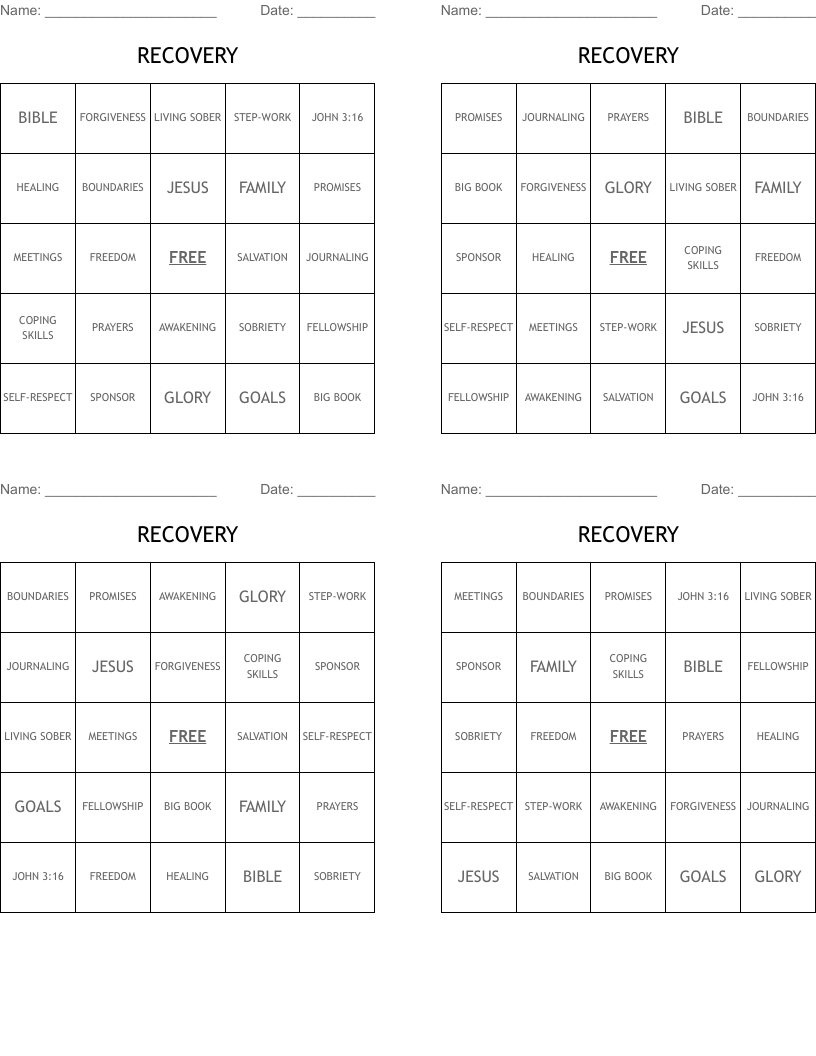 RECOVERY Bingo Cards
