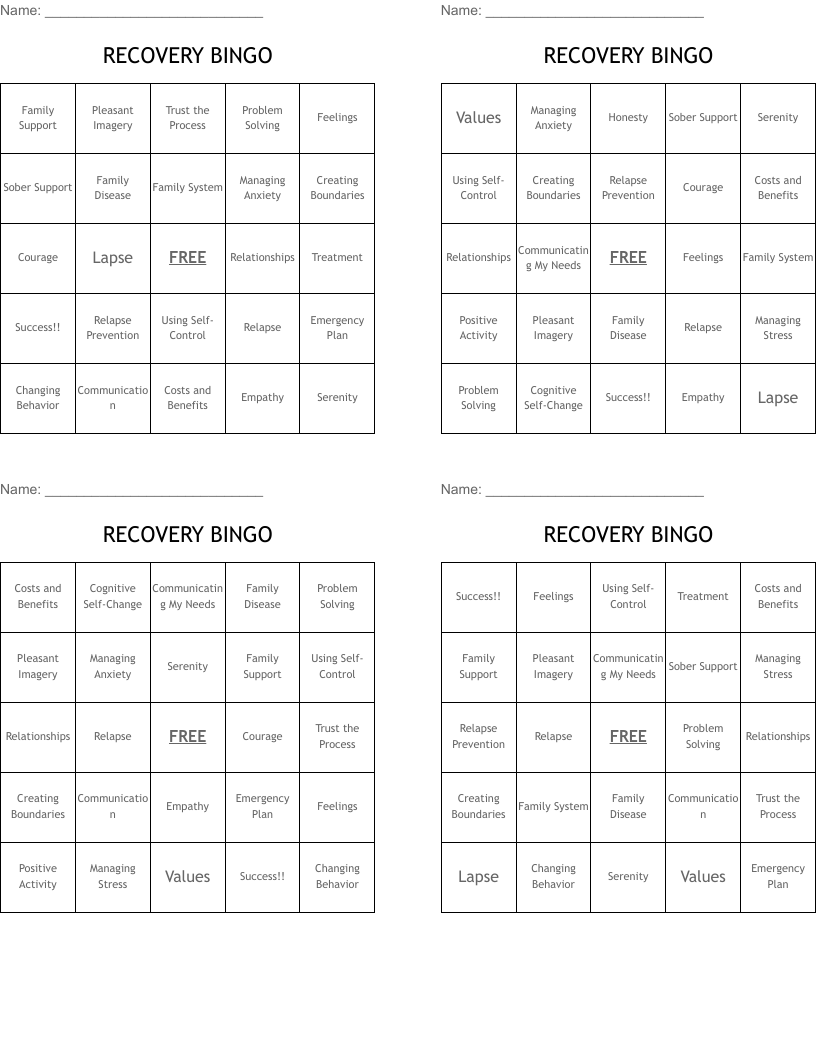 RECOVERY BINGO