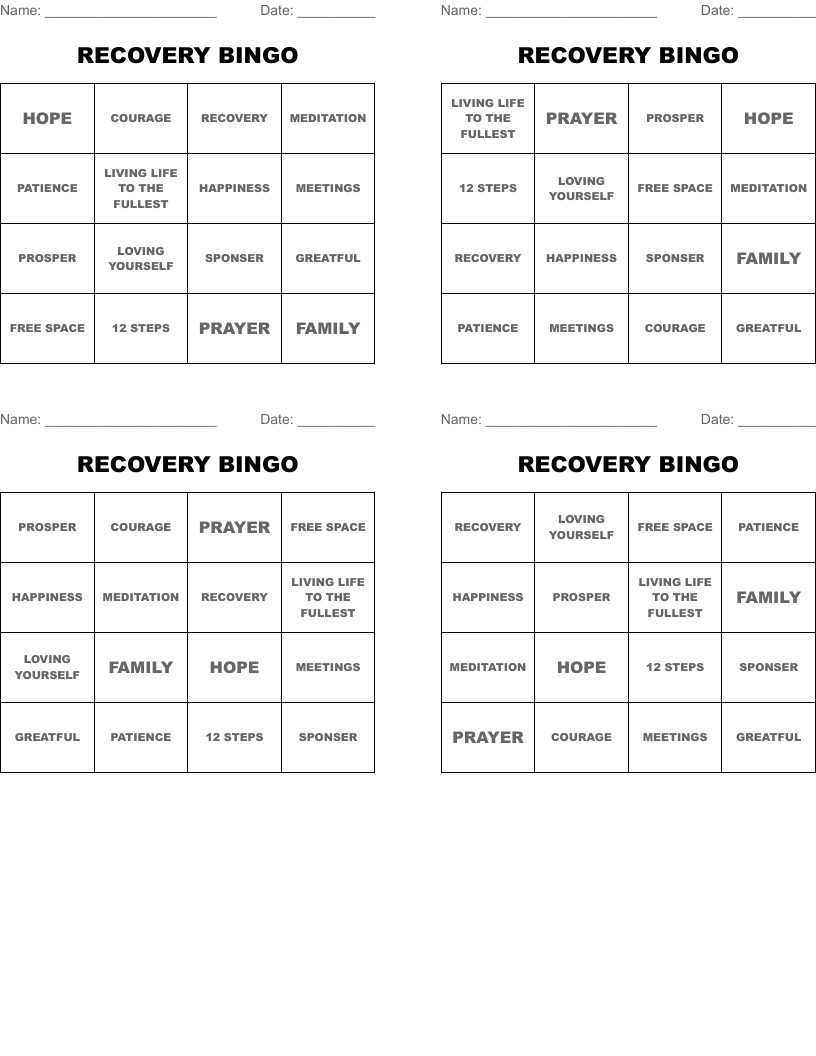 RECOVERY BINGO