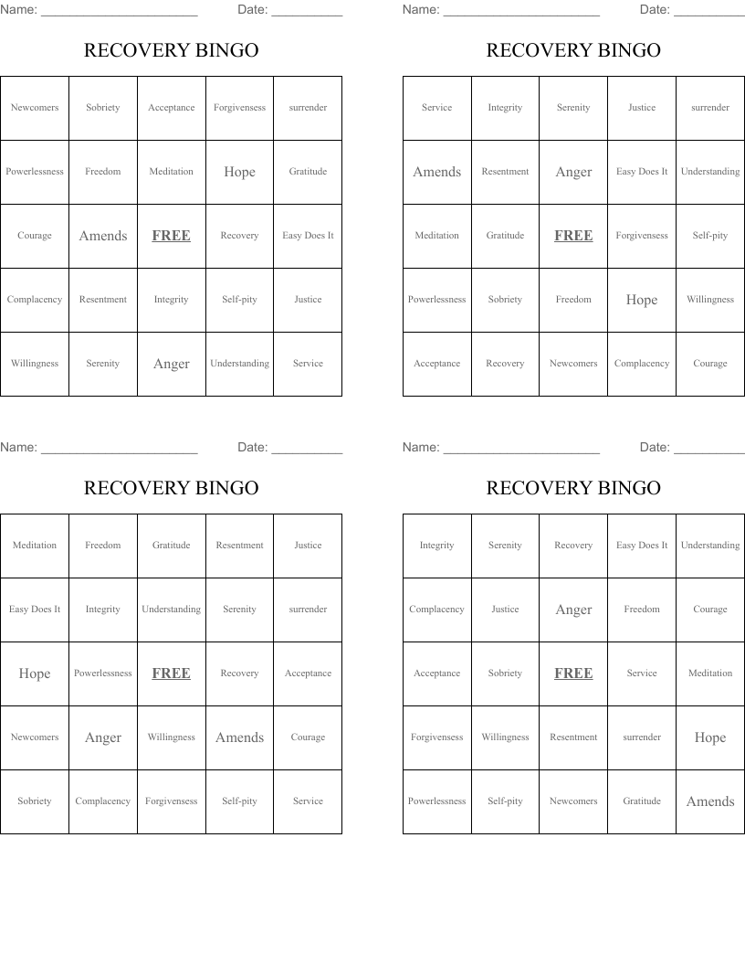 RECOVERY BINGO