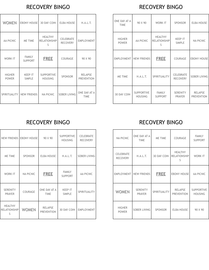 RECOVERY BINGO