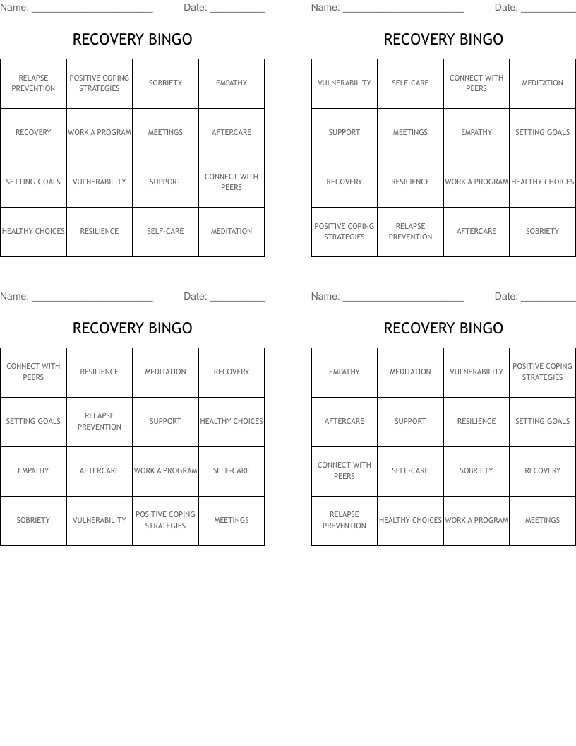 RECOVERY BINGO