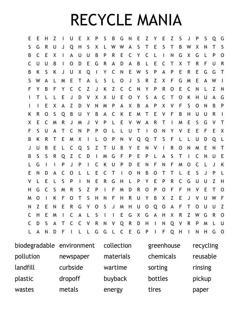 RECYCLE MANIA Word Search