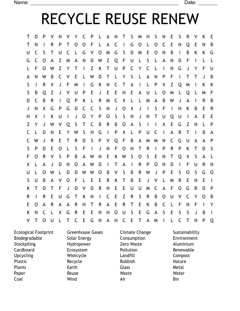 RECYCLE REUSE RENEW Word Search