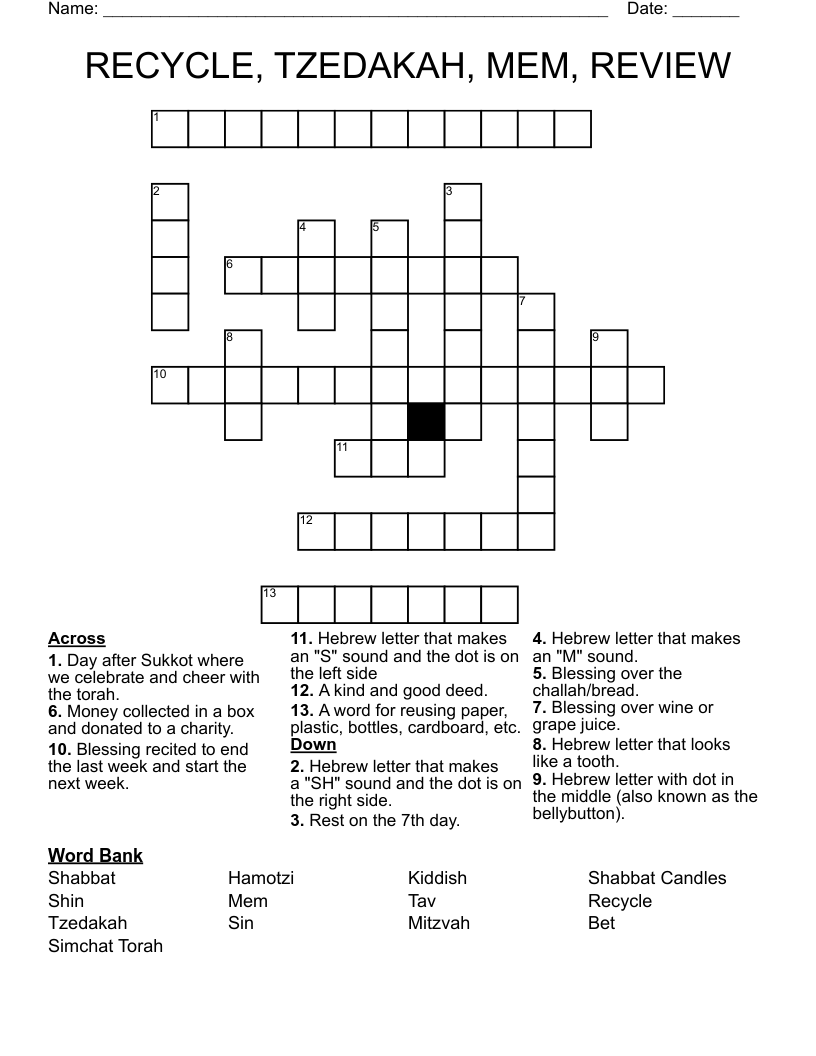 RECYCLE, TZEDAKAH, MEM, REVIEW Crossword