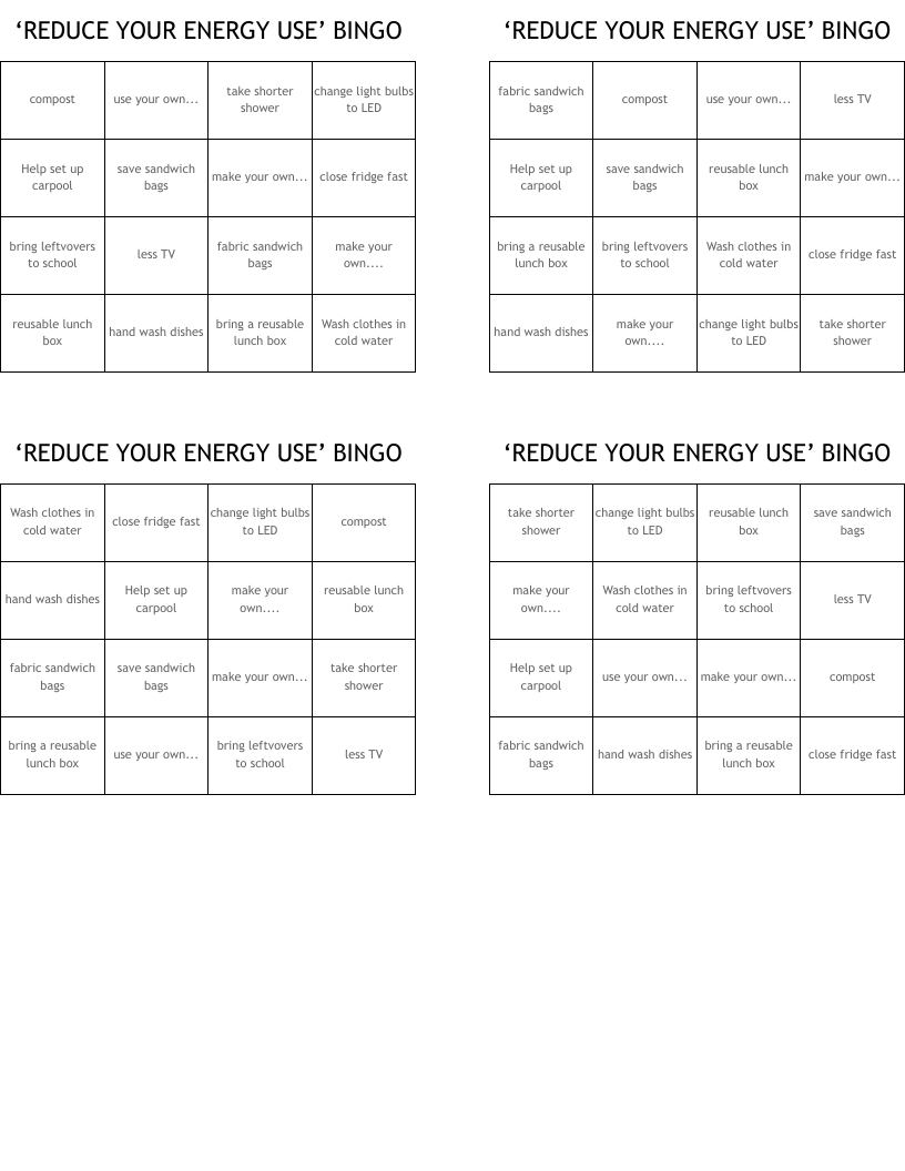 ‘REDUCE YOUR ENERGY USE’ BINGO